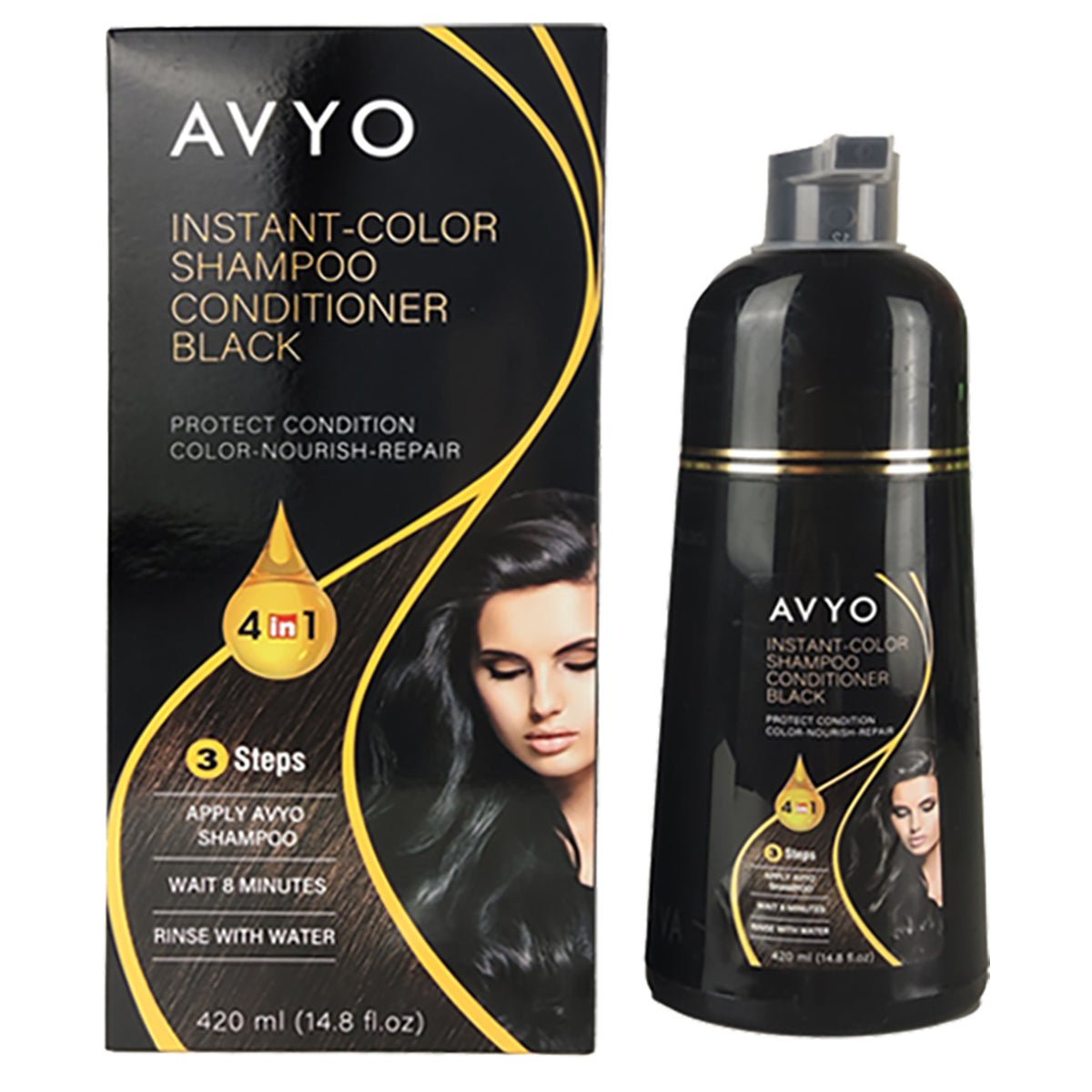 Black | Instant - Color Shampoo Conditioner | 4 in 1 | 420 mL | AVYO - AVYO
